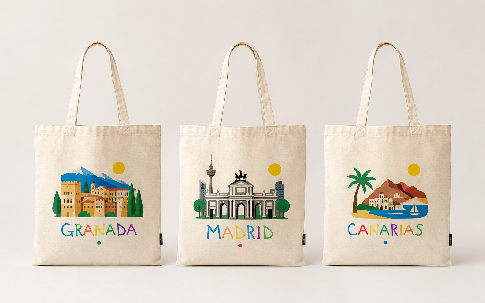 Colección de bolsas personalizadas con diseños de Granada, Madrid y Canarias