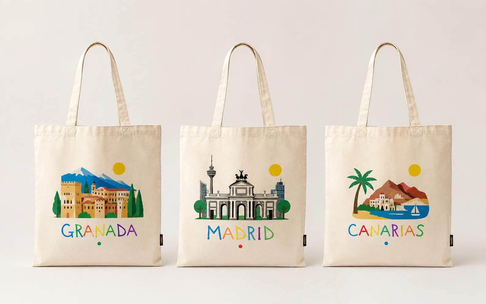 Colección de bolsas personalizadas con diseños de Granada, Madrid y Canarias